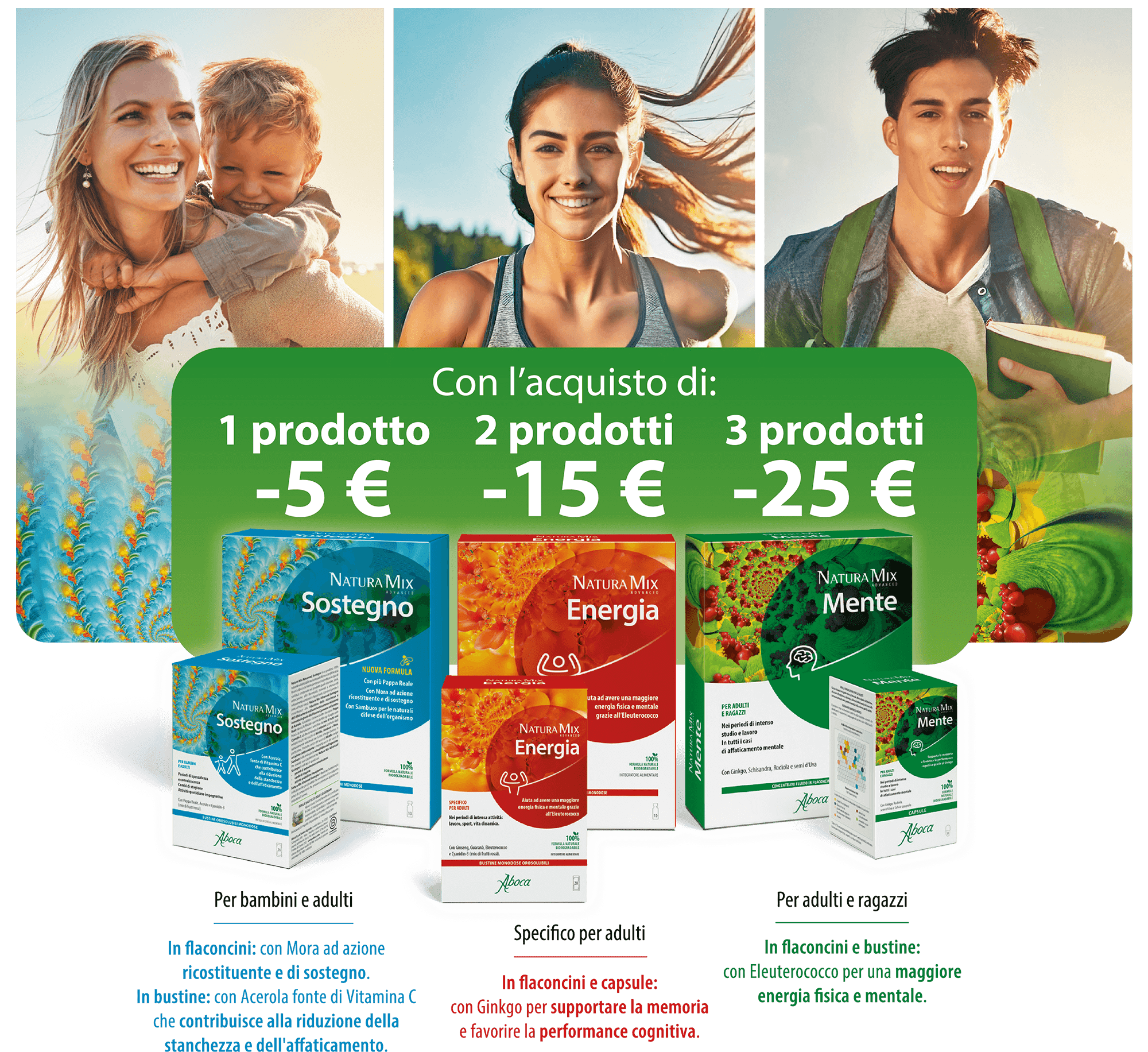 Con l’acquisto di 1 prodotto a tua scelta della linea, ricevi subito uno sconto di 5 €, se ne acquisti 2, di 15€ e se ne acquisti 3 lo sconto è di 25€.