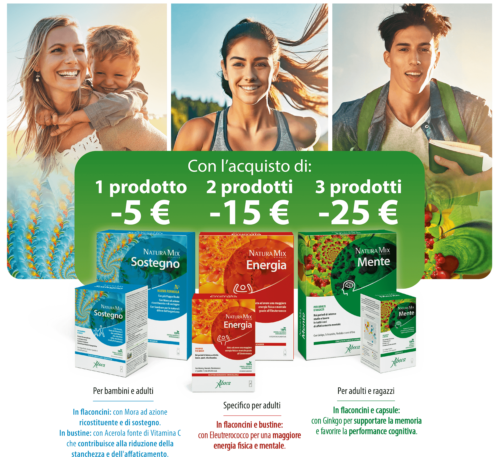 Con l’acquisto di 1 prodotto a tua scelta della linea, ricevi subito uno sconto di 5 €, se ne acquisti 2, di 15€ e se ne acquisti 3 lo sconto è di 25€.